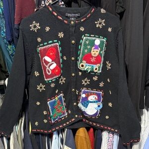 Festive Black Cardigan with Holiday Patches